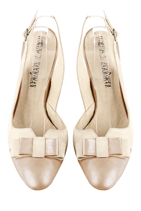 Gold and champagne beige women's open back shoes, with a knot. Round toe. Very high slim heel. Top view - Florence KOOIJMAN